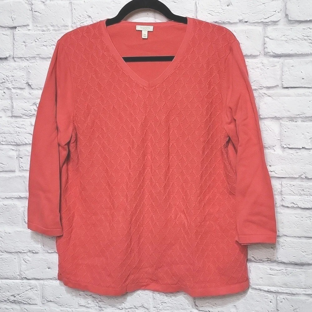 Talbots Woman Coral V-Neck Diamond Textured 3/4 Sleeve Knit Top 1X
